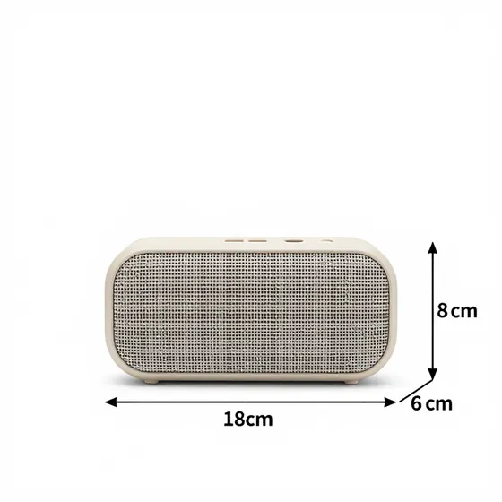Beige portable speaker with length height and depth labels